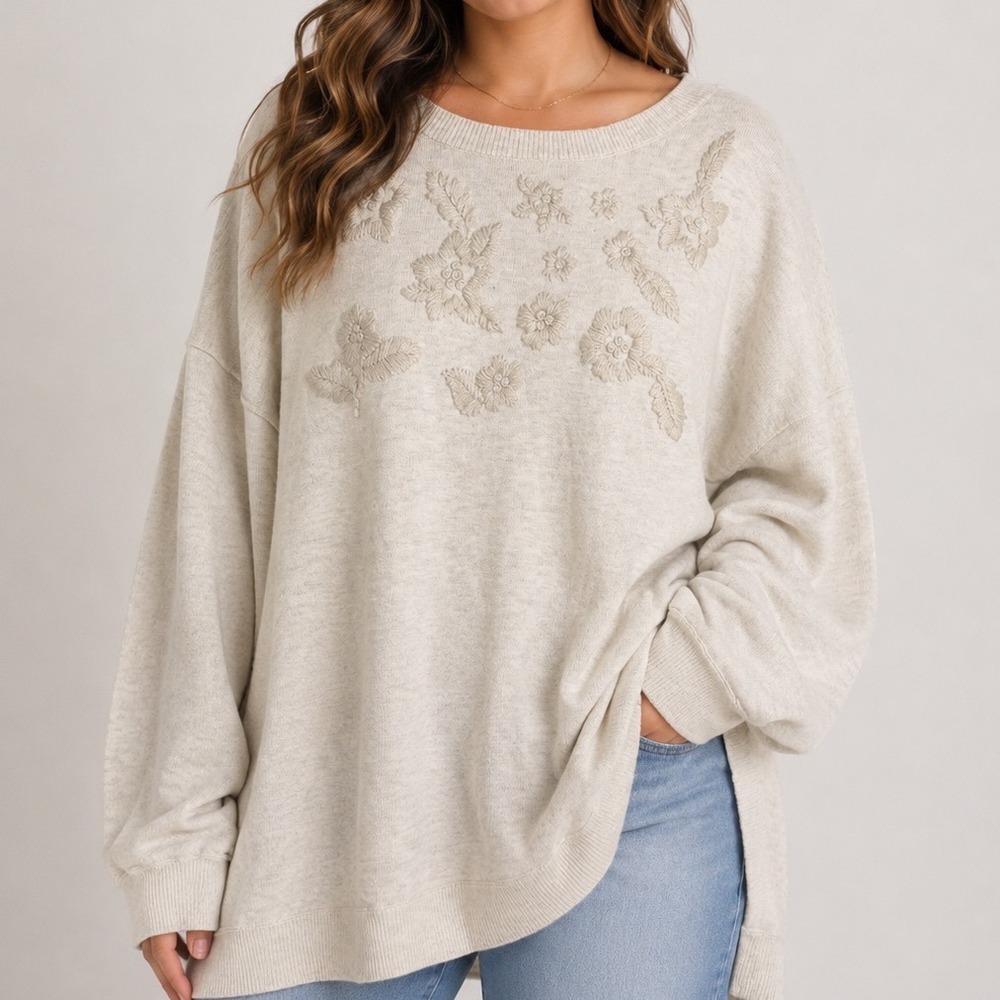 Crown & Ivy‎ Embroidered Sweatshirt 3X NWT Floral Soft Pullover Cozy Plus Size
